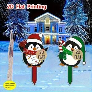 2D Festive Holiday Merry Christmas Set of 2 Penguin Garden Outdoor Stake